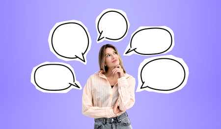 Thoughtful and inspired woman with hand on chin, copy space empty thoughtful bubbles on purple...
