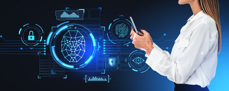 Businesswoman working with phone in hands, biometric scanning with facial recognition hud, digital...