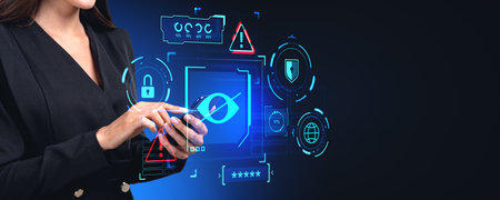 Businesswoman hands with phone, finger touch device. Virtual screen hud hologram with sensitive...
