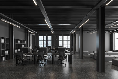 Dark office interior with coworking and glass meeting room, shelf with documents and armchairs with pc computers. Lounge zone and panoramic window on city skyscrapers. 3D renderingの写真素材