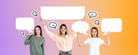 Three smiling women portraits holding up mock up signboard, speech or thought bubbles. Doodle...