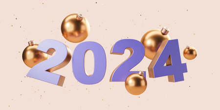 View of purple year 2024 and gold Christmas decorations over beige background. Concept of New Year and Christmas celebration. 3d renderingの写真素材