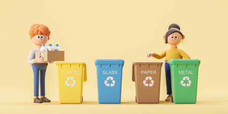 Cartoon character man and woman sorting garbage, standing near colorful trash cans in row for different types of material. Concept of separate waste collection and recycle. 3D rendering illustrationの写真素材
