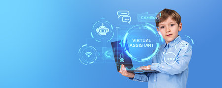 Kid using laptop and looking at the screen, copy space blue background. Virtual assistant hologram with glowing communication icons. Concept of AI and technologyの写真素材