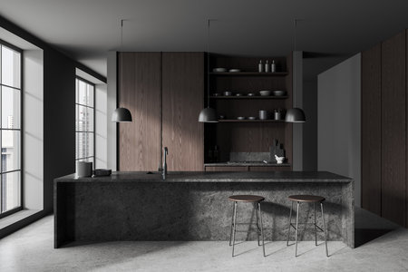 Gray and wooden home kitchen interior with stone bar counter, two stool on gray concrete floor. Cooking room with cabinet and panoramic window on skyscrapers. 3D renderingの写真素材