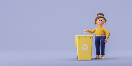 Cartoon character woman putting scrap of paper intro yellow container, empty copy space purple background. Concept of material reuse, recycle and waste collection. 3D rendering illustrationの写真素材