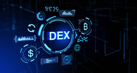 Decentralized finance hologram, DEX hud with bitcoin and dollar symbol. Cryptocurrency and financial statistics. Concept of money exchange and internet banking. 3D rendering illustrationの写真素材