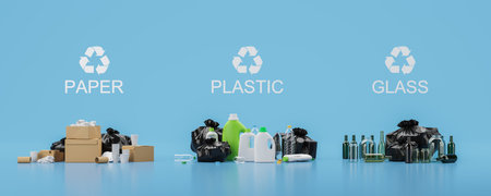 Paper, plastic, glass symbols with selection of garbage for recycling banner. Concept of waste sorting, different trash and ecology. 3D rendering illustrationの写真素材