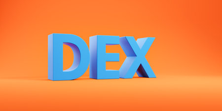 Large DEX letters on orange background, wide format. Decentralized exchange and cryptocurrency....