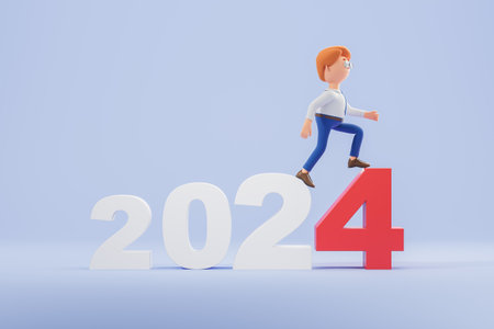 Cartoon character businessman climbing up 2024 year, light blue background. Concept of new life,...