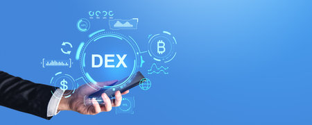 Man hand using smartphone and DEX hologram hud, decentralized finance with bitcoin and dollar symbol with indicators. Concept of financial communication and cryptocurrency. Copy spaceの写真素材