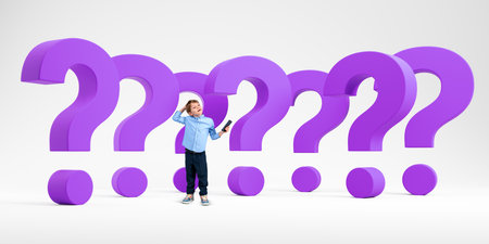Pensive kid with smartphone, full length standing near large purple question marks set in row on light background. Concept of education, problem, search, idea, doubt or solutionの写真素材