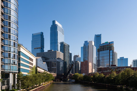 Chicago cityscape of buildings around the river, business architecture and skyscrapers at the...