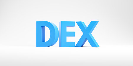 Blue word DEX over white background. Concept of cryptocurrency, blockchain and decentralized exchange. 3d renderingの写真素材