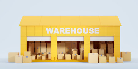 View of yellow warehouse filled with cardboard boxes over blue background. Concept of goods shipping, delivery, logistics and storage. 3d renderingの写真素材