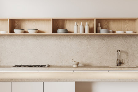 Stylish home kitchen interior with sink and stove, dishes and plates in shelf. Closeup of bar counter and minimalist cooking space in modern apartment. 3D renderingの写真素材
