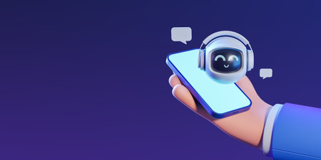 Cartoon hand holding phone mock up display, happy chat bot on copy space empty background. Concept...