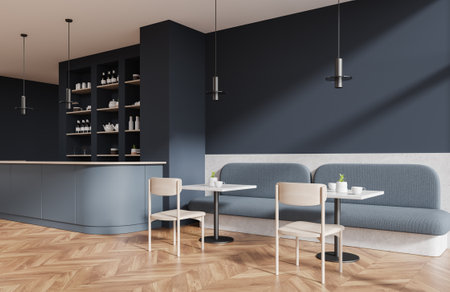 Corner of stylish restaurant with gray walls, wooden floor, cozy gray bar counter and soft gray sofas standing near square tables with chairs. 3d renderingの写真素材