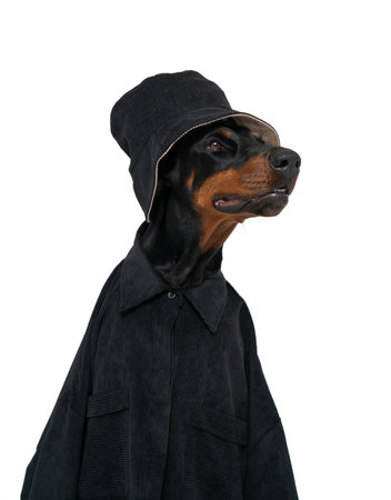 Isolated side portrait of cute Doberman dog wearing black hat and shirt and looking sideways....