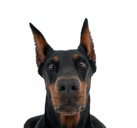 Beautiful Dobermann dog head looking at the camera, front view isolated over white background. Concept of animal, friend and petの写真素材
