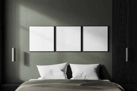 Interior of stylish bedroom with gray and wooden walls, comfortable king size bed with gray blanket and three square mock up posters hanging above it. 3d renderingの写真素材