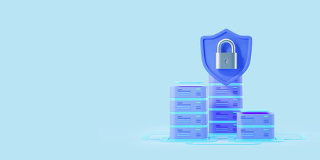 Blue shield with padlock, data server security and information protection. Empty copy space blue....