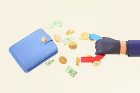 Hand of thief in black glove holding magnet attracting money from blue wallet over beige background. Concept of robbery and crime. 3d renderingの写真素材