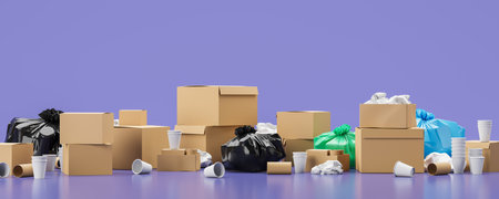 Cardboard boxes and piles of paper garbage gathered for separate waste collection over purple...