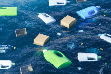 Ocean pollution, plastic bottles and paper boxes floating on water surface. Concept of ecology,...