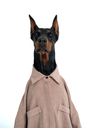 Serious and beautiful brown and black Dobermann dog head, wearing shirt isolated over white background. Concept of canine, animal, friend and petの写真素材