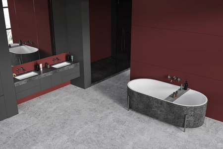 Top view of dark and red home bathroom interior with bathtub, sink and shower. Bathing corner with accessories, gray tile floor and panoramic window in reflection. 3D renderingの写真素材