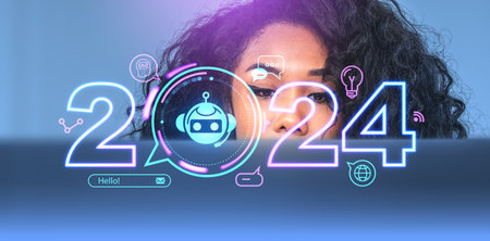 Black woman using laptop, glowing robot icon with 2024 year, speech bubbles and light bulb double...