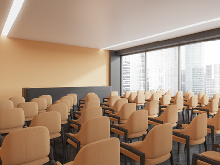 Corner view of stylish classroom interior with soft armchairs in row, panoramic window on skyscrapers. Training or conference corner with minimalist design. 3D renderingの写真素材
