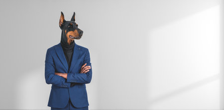 Portrait of confident businessman with dog head standing with crossed arms near white copy space wall. Concept of leadershipの写真素材