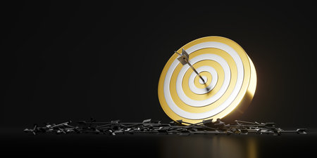 Arrow finally hit the center of a golden dartboard, wide format black copy space background. Concept of goal, attempts, failed tries and success. 3D rendering illustrationの写真素材