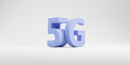View of purple 5G sign over white background. Concept of telecommunication and technology, internet connection and network. 3d renderingの写真素材