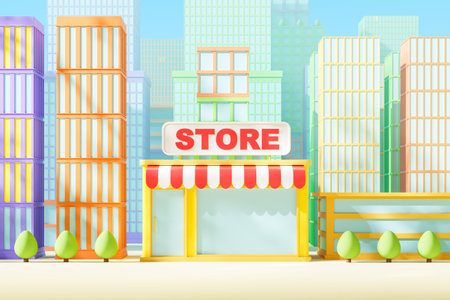 Cartoon store in city center, abstract business skyscrapers and trees. Small supermarket for citizens. Concept of shopping, local food and market. 3D rendering illustrationの写真素材
