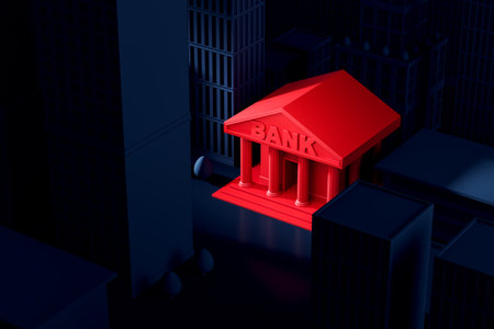 View of red bank building in modern city. Concept of banking, financial operations and money management. 3d renderingの写真素材