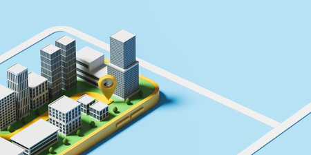 Top view smartphone with city buildings and location mark, abstract map and empty copy space. Concept of mobile app, navigation and destination. 3D rendering illustrationの写真素材