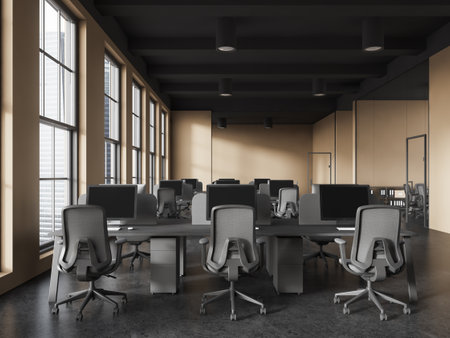 Beige modern business interior with coworking and glass conference room, pc desktop on table and armchairs in row. Panoramic window on skyscrapers. 3D renderingの写真素材