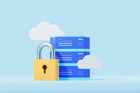 View of cloud storage server with big padlock over blue background. Concept of cyber security and data protection. 3d renderingの写真素材