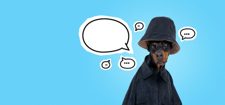 Dobermann dog head in bucket hat, mockup copy space empty speech bubble on blue wide format background. Concept of message and chat, social media and communicationの写真素材