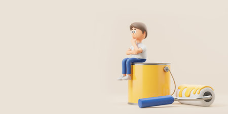 Thinking cartoon man sitting on a yellow paint bucket, roller brush on copy space empty beige background. Concept of renovation, house modernization, paint and dye. 3D rendering illustrationの写真素材