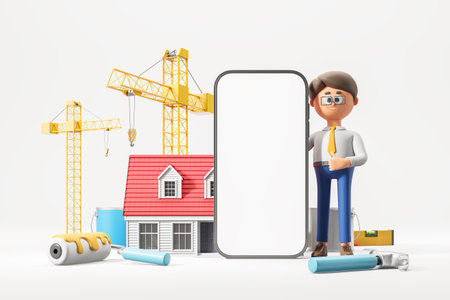 Cartoon man thumb up near big smartphone mock up display, crane and house with tools for modernization or construction. Concept of hardware store and online shopping. 3D rendering illustrationの写真素材