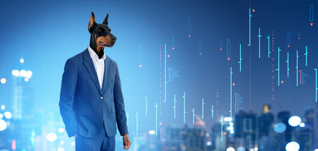 Businessman with dog head, portrait with forex graphs and binary and blurred city skyscrapers on background. Concept of investment, financial success and advisoryの写真素材