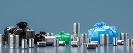 Plastic bags and row of metal jars, cans with garbage on empty copy space blue background. Concept of recycling and reusing. 3D rendering illustrationの写真素材