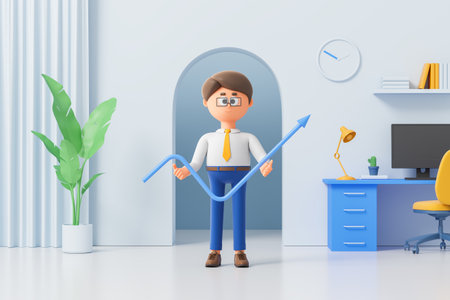 View of cartoon businessman holding growing graph and standing in office. Concept of success, financial growth and profit 3d renderingの写真素材