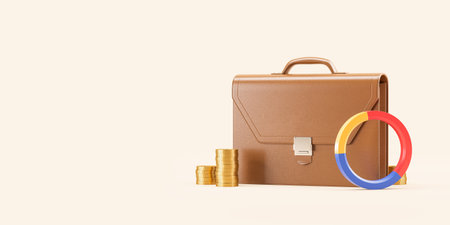 Brown leather briefcase with colorful pie chart and stack of gold coins, empty beige copy space background. Concept of finance and investment portfolio. 3D rendering illustrationの写真素材