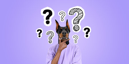 Pensive man with Dobermann head with hand on chin, thinking portrait. Row of doodle question marks...