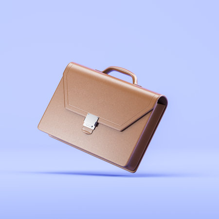 Classic brown briefcase floating on blue background. Concept of businessman, luxury accessories, business travel, management and occupation. 3D rendering illustrationの写真素材